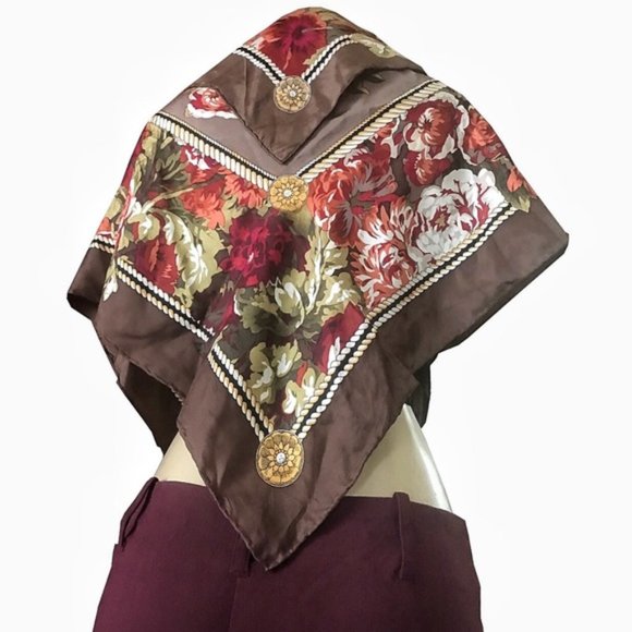 Beautiful Floral Ornate Silk Olive Green Scarf - Picture 1 of 7